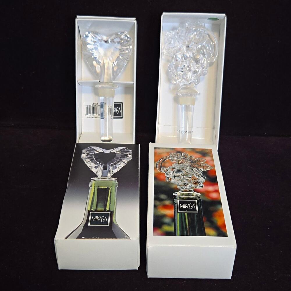 2 Vtg Mikasa Crystal Wine Bottle Stoppers Venus Heart & Grapes Fruit Collection